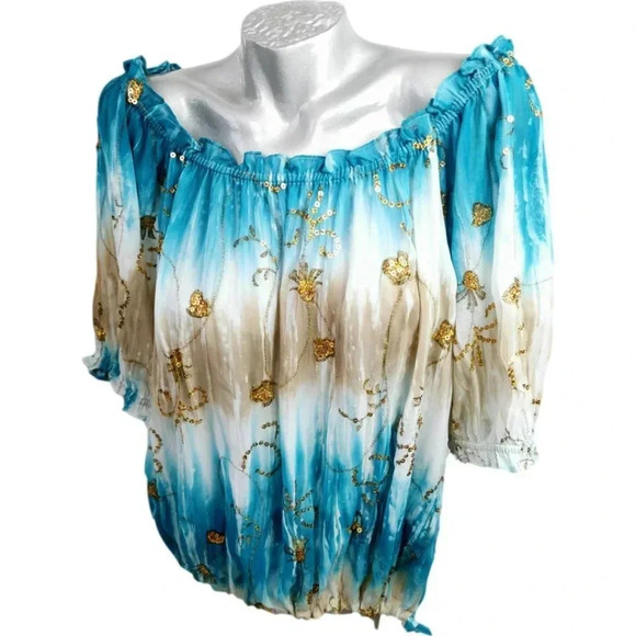 Nygard Off Shoulder  Blouse Sz 16 Blue White Gold Peasant Glamour - Picture 1 of 6